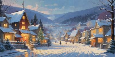 Primary subject: A snowy village with a Christmas tree and people walking on the snow-covered streets.

Setting/background: The village is surrounded by snow-covered mountains, creating a picturesque winter scene.

Visual style: The image is a painting, showcasing the artist's skill in capturing the beauty of the snowy village and the mountainous landscape.

Colors and mood: The painting features a predominantly white color palette, which adds to the cold and serene atmosphere